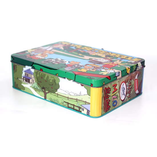 작은 직사각형 힌지 뚜껑 금속 문구 화장품 주석 케이스 어린이를위한 손잡이가있는 아름다운 점심 주석 상자